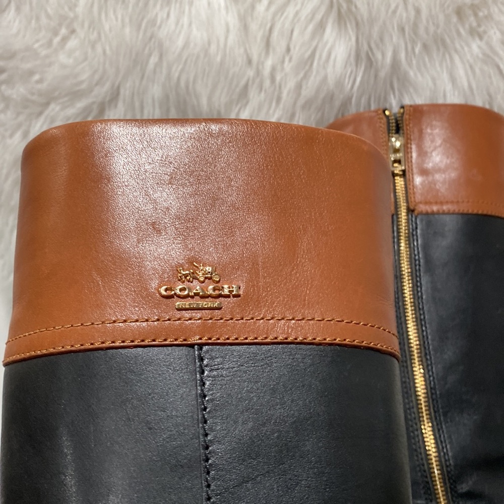 COACH EVA Black Brown Calf Leather Tall Boots 6.5 B Zip Classy 2-tone - Picture 10 of 13